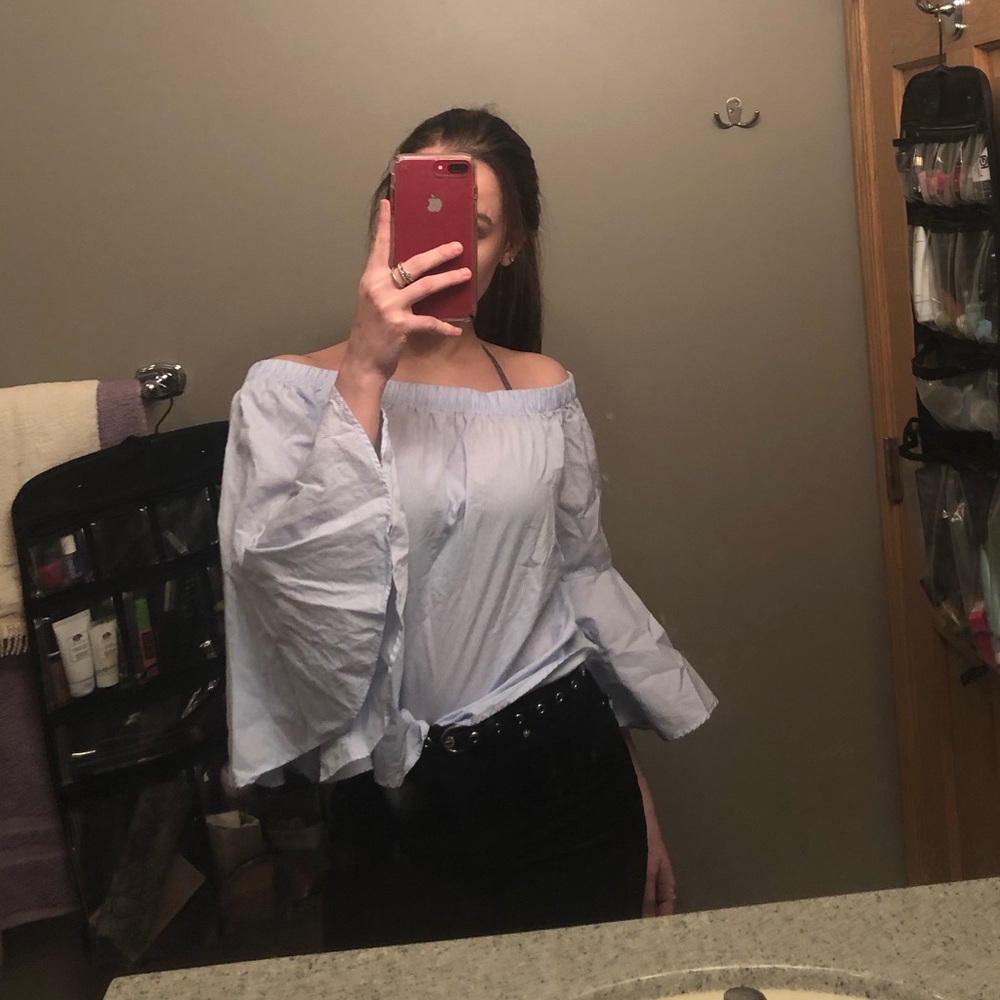 Off The Shoulder Blue and White Pinstriped Blouse